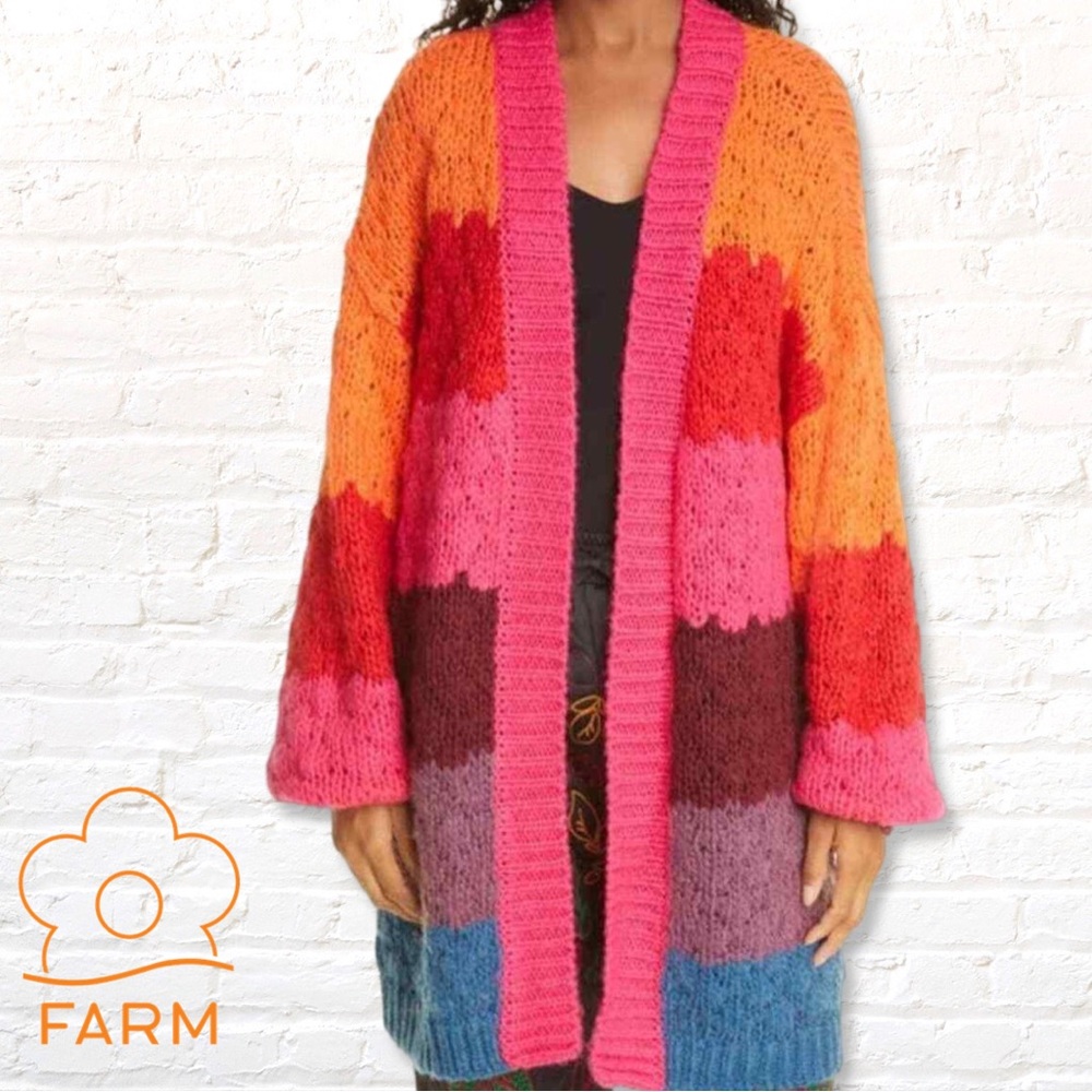 Farm Rio  Chunky Rainbow Stripe Colorblocked Chunky Cardigan Small